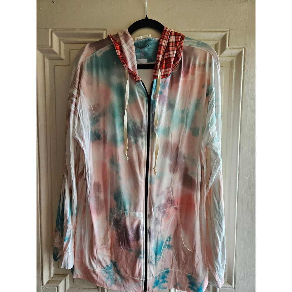 Blumin Apparel Tie Dye Plaid Zip Up Hoodie Womens 3XL Pastel Pink Teal T6878